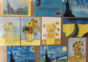 Prace uczniów klas szóstych będących inspiracją dzieł Claude Monet`a oraz Vincenta Van Gogha zamieszczone na sztalugach