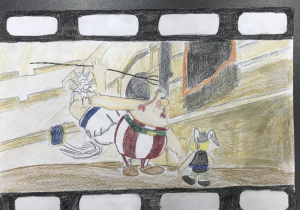 Kadr z filmu animowanego :”Asterix i Obeliks”. Asterix i Obelix uciekają prze Rzymianinem. Kadr wykonany w technice rysunkowej.
