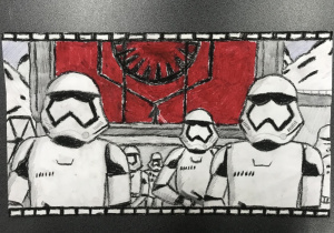 Scena z filmu science fiction :” Gwiezdne wojny: Skywalker. Odrodzenie”. Grupa szturmowców ubranych w białe pancerze, stojąca w kilku rzędach. Technika pastelowa.