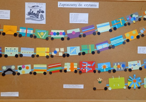 Prace uczniów kl. I-III uczęszczających do świetlicy. Z wagonów wykonanych przez uczniów "zbudowany" został pociąg . Wagony ciągnięte są przez lokomotywę. Zdjęcie stanowi ilustrację najpopularniejszego spośród wierszy dla dzieci - "Lokomotywa".