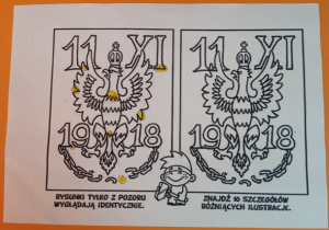 Praca ucznia z zaznaczonymi różnicami rysunków przedstawiających orła i napisem 1918