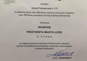 Nagroda Prezydenta Miasta Łodzi III stopnia dla Pani Dyrektor Joanny Mrowińskiej – Wange
