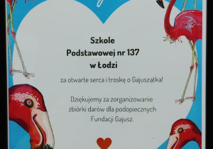 Podziękowania dla Szkoły Podstawowej nr 137 za zorganizowanie zbiórki darów dla podopiecznych Fundacji Gajusz