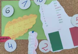 Jesienna dekoracja przygotowana przez uczniów klasy 5 przedstawiająca plansze z liczbami od 1 do 10 w różnych językach obcych