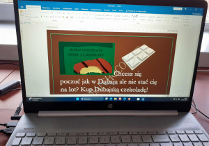 Praca ucznia klasy 3b w programie Paint i Word- projekt reklamy produktu.