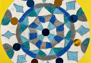 Zimowa mandala wykonana z zastosowaniem pasteli olejnych. Praca Franka. Klasa 5d