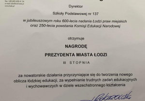 Nagroda Prezydenta Miasta Łodzi III stopnia dla Pani Dyrektor Joanny Mrowińskiej – Wange