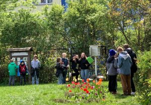 Uczniowie klas czwartych podczas terenowej gry edukacyjnej w Pracowni pod Chmurką – segregowanie odpadów, wyznaczanie kierunków świata, obserwacja pogody, rozpoznawanie ziół.