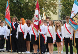 Sztandar Szkoły Podstawowej nr 137 podczas Obchodów Narodowego Dnia Polskich Dzieci Wojny w Parku im. Szarych Szeregów