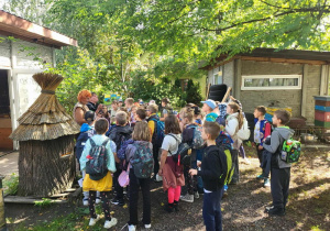 Uczniowie oglądają ule i barcie.