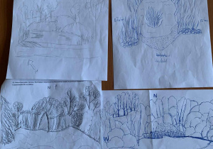 Uczniowie wykonali szkic terenu, uwzględniając kierunek północny.