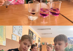 Uczniowie na zajęciach koła przyrodniczo-ekologicznego wykonują proste doświadczenia z wodą.