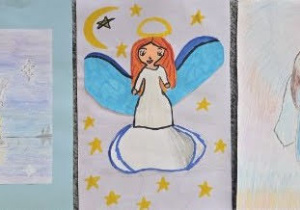 Trzy prace płaskie wykonane w technice rysunkowej biorące udział w konkursie plastycznym – „Anioły, aniołki, anielice”.