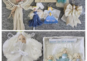 Anioły wykonane z różnorodnych materiałów przez uczniów poleskich szkół.