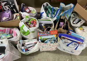 Artykuły chemiczne, kosmetyki, artykuły papiernicze w torbach i pudłach przygotowane do zawiezienia do Domu Dziecka.